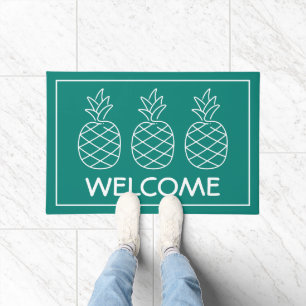 Turquoise and White Pineapples Personalized Doormat