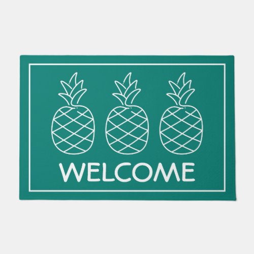 Turquoise and White Pineapples Personalized Doormat