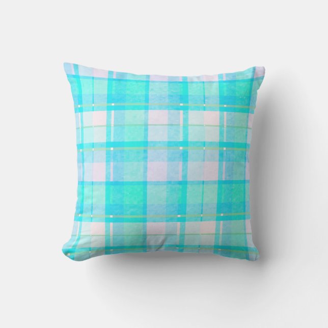 Turquoise and White Plaid Pattern Throw Pillow (Front)