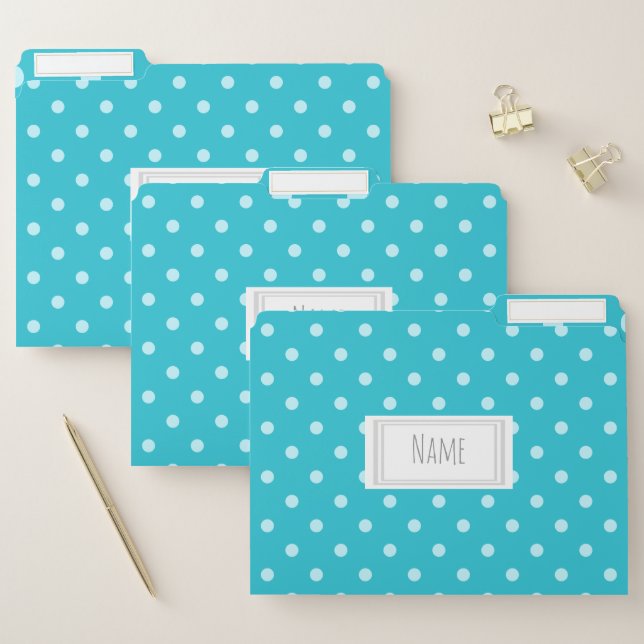 Turquoise and White Polka Dot Pattern Your Name File Folder (Set)