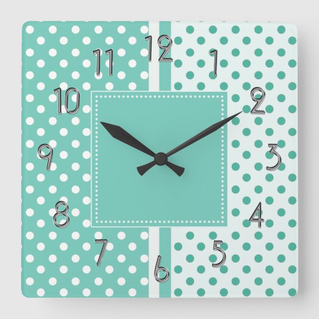 Turquoise and White Polka Dots Square Clock (Front)