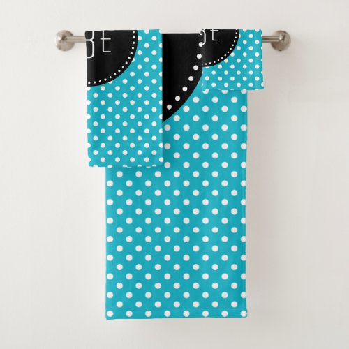Turquoise and white polka dots with black monogram bath towel set