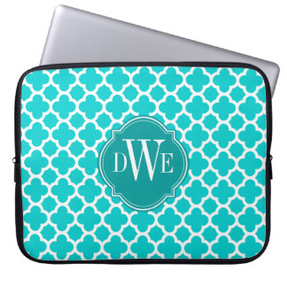 Turquoise and White Quatrefoil Pattern Monogram Laptop Sleeve