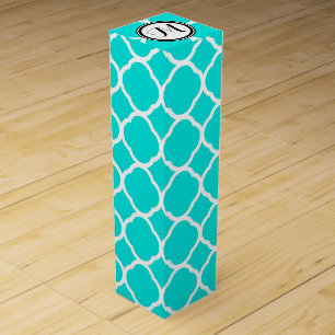 Turquoise and White Quatrefoil Pattern Monogram Wine Box