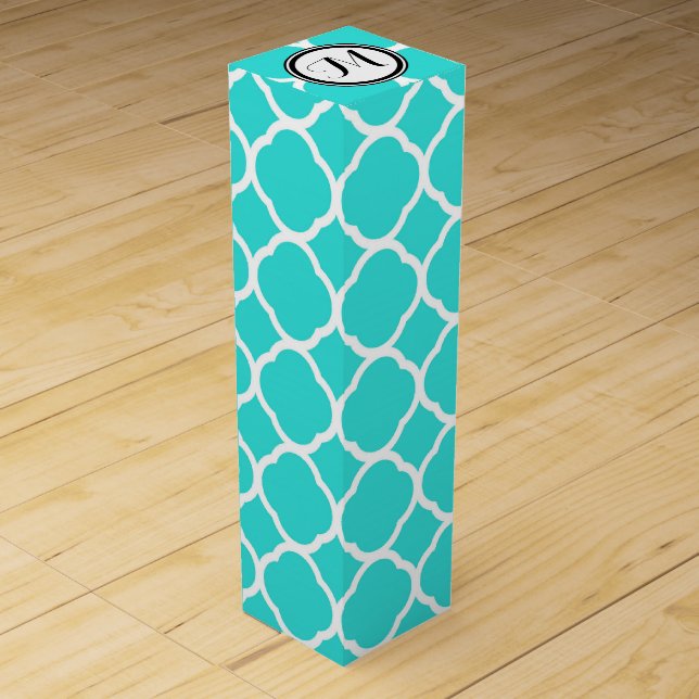 Turquoise and White Quatrefoil Pattern Monogram Wine Box (Front)