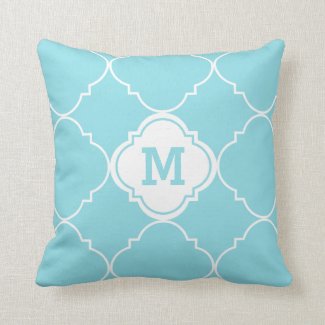 Turquoise and White Quatrefoil Pattern Monogrammed Throw Pillow