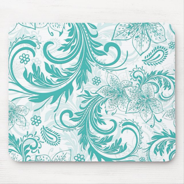 Turquoise And White Retro Flowers & Swirls Design Mouse Pad (Front)