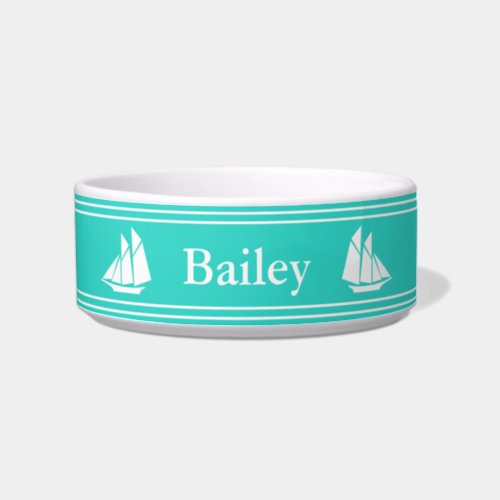 Turquoise and White Sailboats Pet Bowl