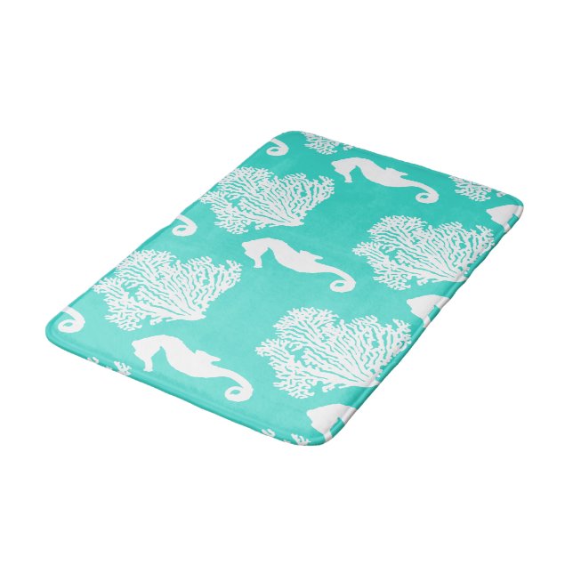 Turquoise And White Seahorse Coastal Pattern Bathroom Mat (Angled)