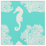Turquoise And White Seahorse Coastal Pattern Fabric