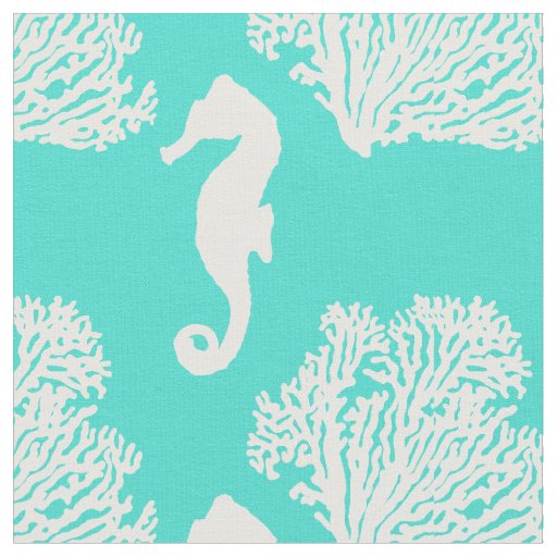 Turquoise And White Seahorse Coastal Pattern Fabric