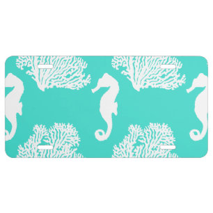 Turquoise And White Seahorse Coastal Pattern License Plate