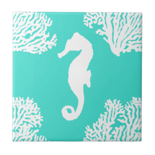 Turquoise And White Seahorse Coastal Pattern Tile