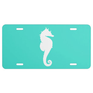 Turquoise and White Seahorse License Plate
