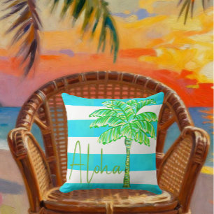 Turquoise and White Stripe Palm Tree Aloha Outdoor Pillow