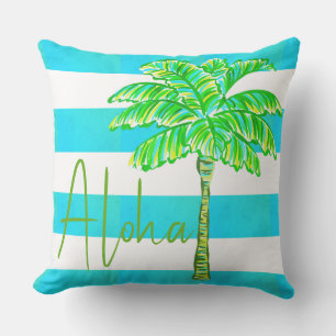Turquoise and White Stripe Palm Tree Aloha Outdoor Pillow