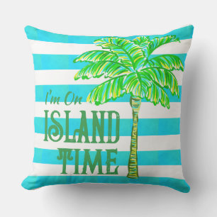 Turquoise and White Stripe Palm Tree Island Time Outdoor Pillow
