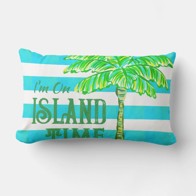 Turquoise and White Stripe Palm Tree Island Time Outdoor Pillow (Front)