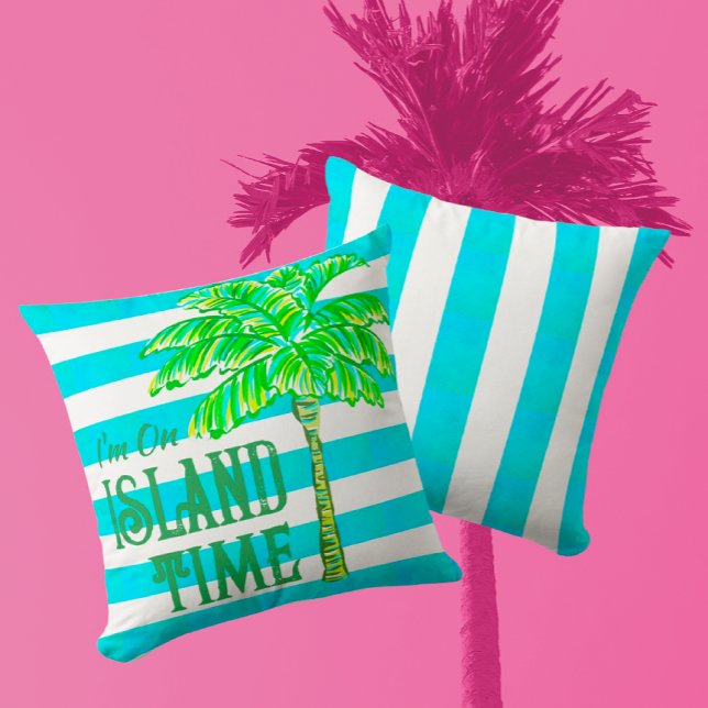 Turquoise and White Stripe Palm Tree Island Time Outdoor Pillow (The best time is Island Time!)
