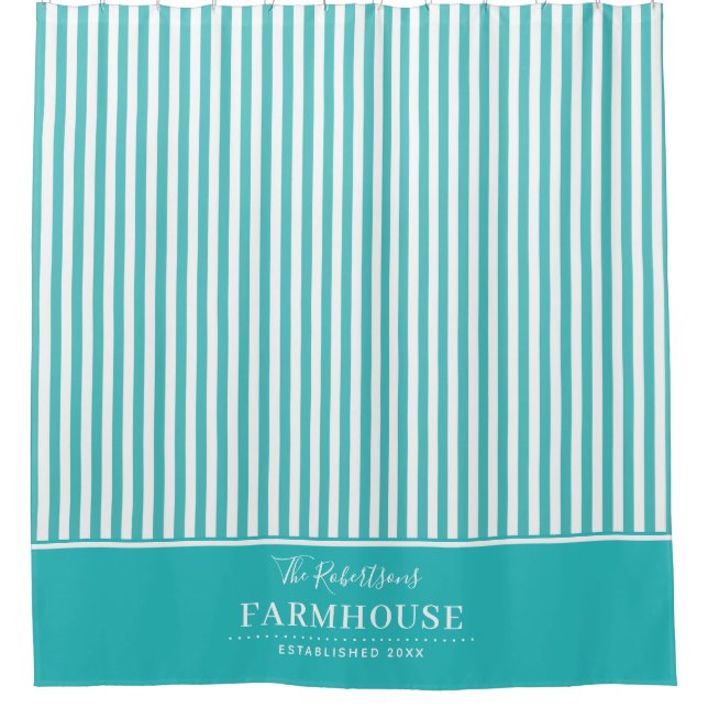 Turquoise and White Striped Shower Curtain (Front)