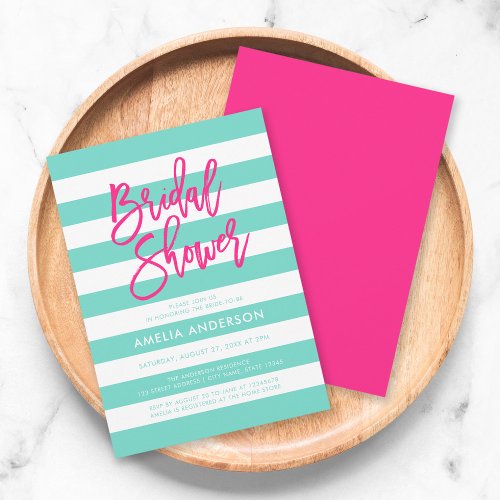 Turquoise and White Stripes Pink Bridal Shower Invitation