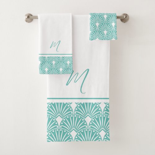 Turquoise and white vintage Art Deco Pattern Bath Towel Set