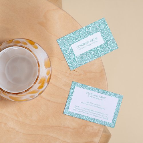 Turquoise and white vintage paisley pattern business card