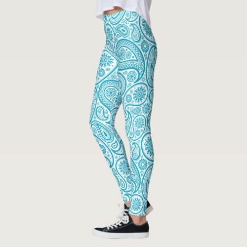 Turquoise and white vintage paisley pattern leggings