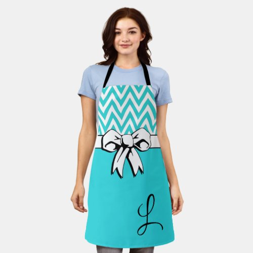 Turquoise and White with White Bow Personalized Apron