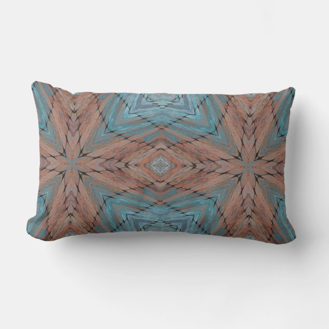 Turquoise and wood geometric lumbar pillow (Front)