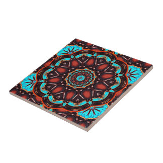 Turquoise and Wood-Look Kaleidoscope Ceramic Tile
