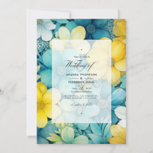 Turquoise and Yellow and Grey Floral Wedding Invitation