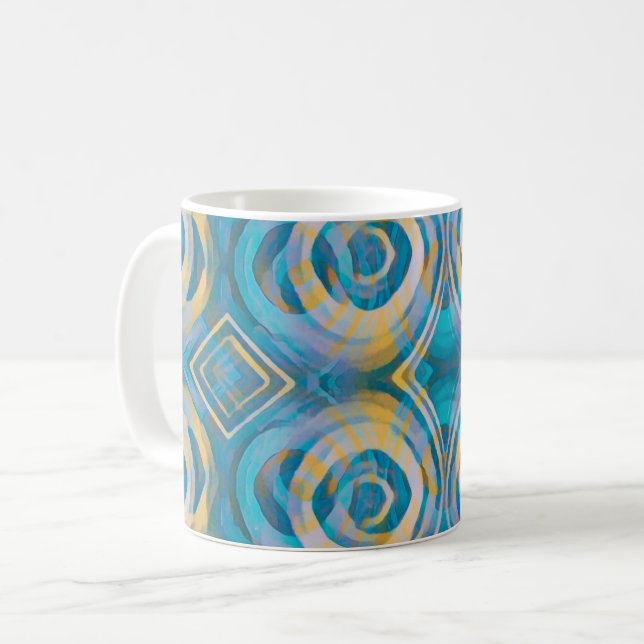  Turquoise and Yellow Batik Circles & Diamonds Coffee Mug (Front Left)