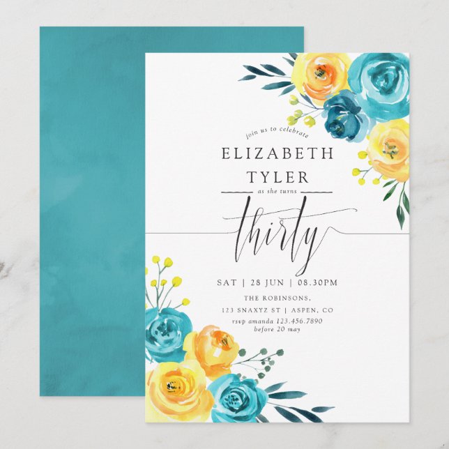 Turquoise and Yellow Floral 30th Birthday Party Invitation (Front/Back)