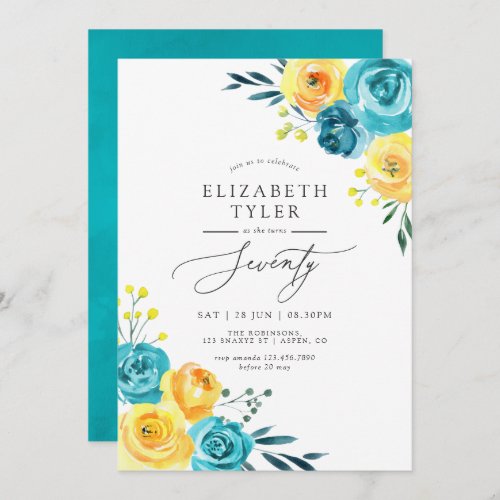 Turquoise and Yellow Floral 70th Birthday Party Invitation
