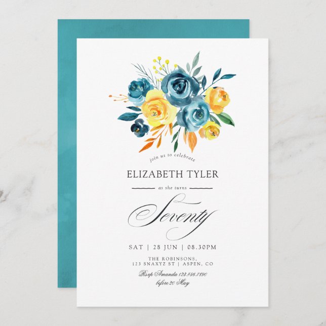 Turquoise and Yellow Floral 70th Birthday Party Invitation (Front/Back)