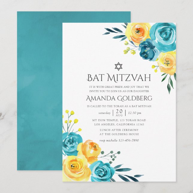 Turquoise and Yellow Floral Bat Mitzvah Invitation (Front/Back)