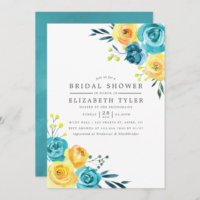 Turquoise and Yellow Floral Bridal Shower invite (Front/Back)