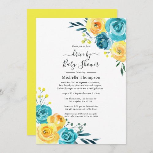 Turquoise and Yellow Floral Drive By Shower Invitation
