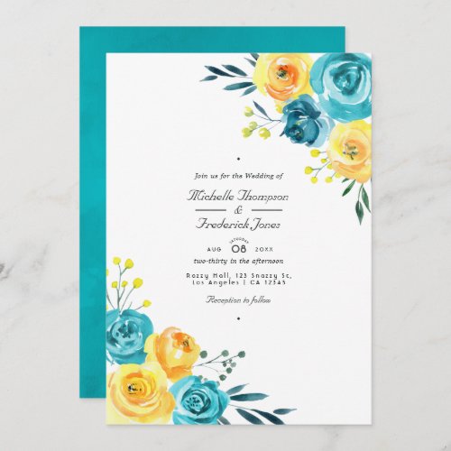 Turquoise and Yellow Floral QR Code RSVP Wedding Invitation