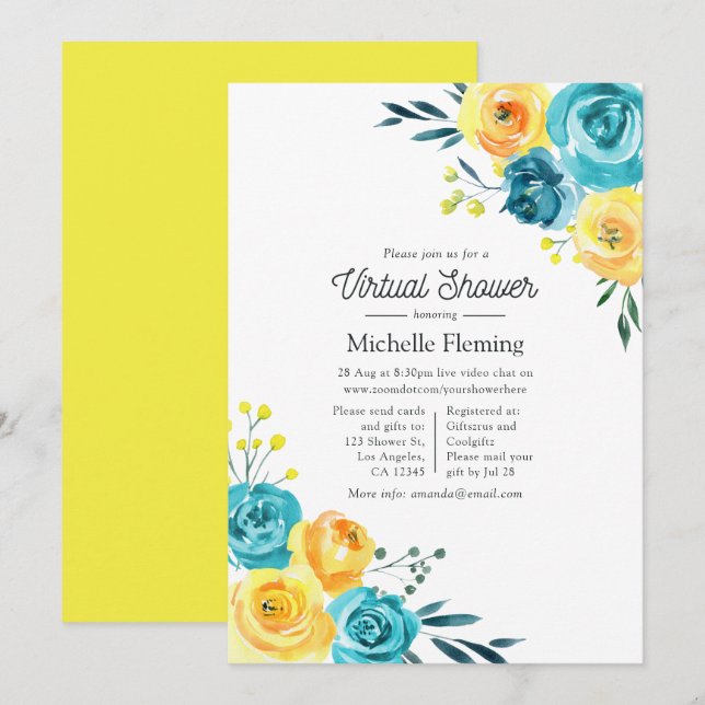 Turquoise and Yellow Floral Virtual Baby Shower Invitation (Front/Back)