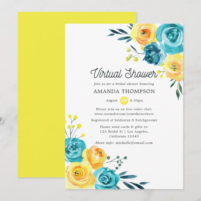 Turquoise and Yellow Floral Virtual Bridal Shower Invitation (Front/Back)