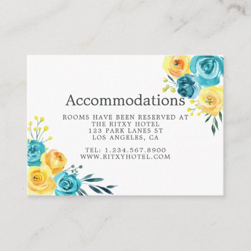 Turquoise and Yellow Floral Wedding Accommodations Enclosure Card