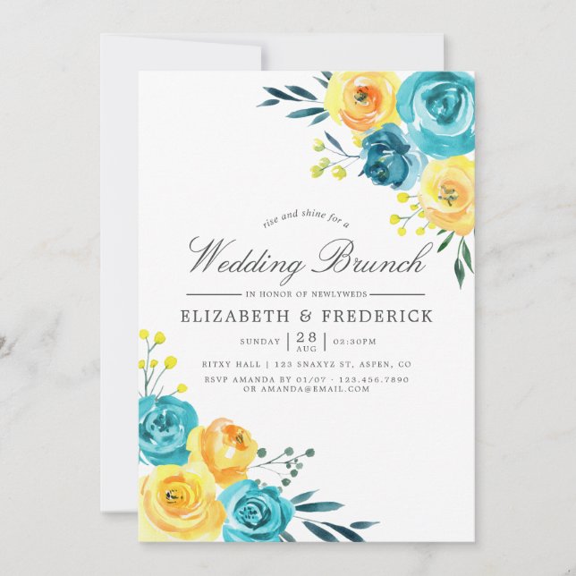 Turquoise and Yellow Floral Wedding Brunch Announcement (Front)