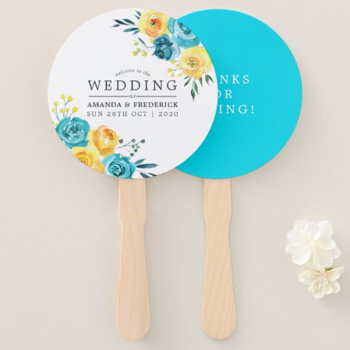 Turquoise and Yellow Floral Wedding Favor Hand Fan