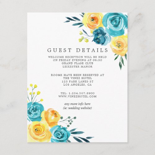 Turquoise and Yellow Floral Wedding Guest Details Enclosure Card