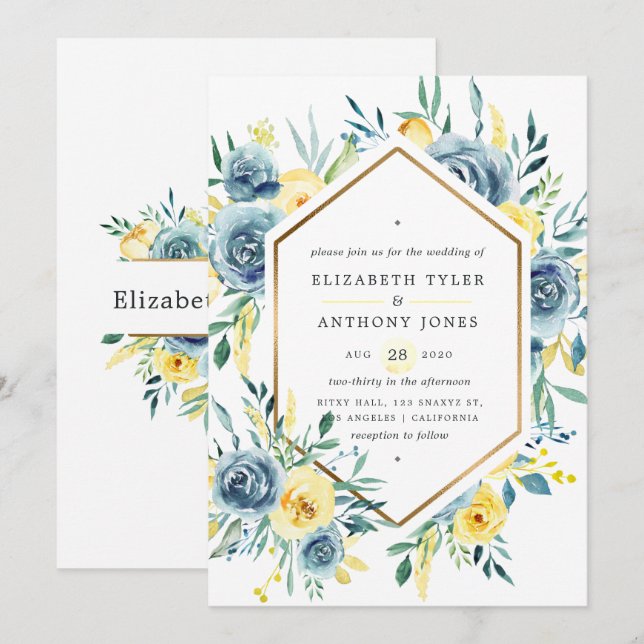 Turquoise and Yellow Floral Wedding Invitation (Front/Back)