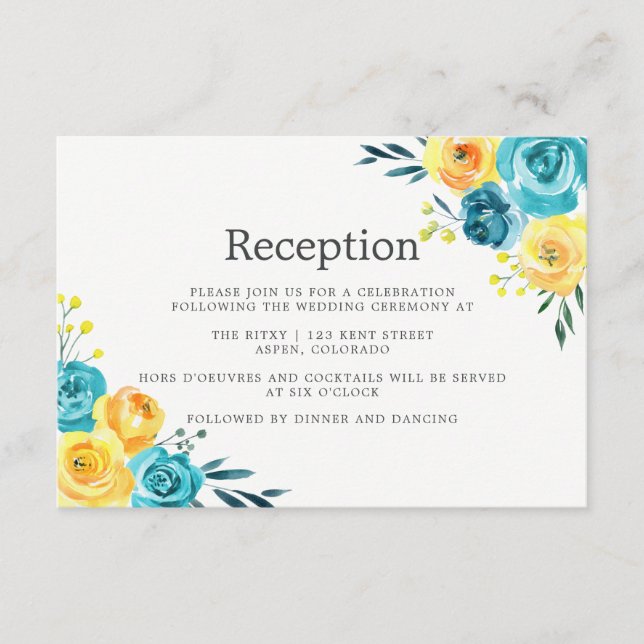 Turquoise and Yellow Floral Wedding Reception Enclosure Card (Front)