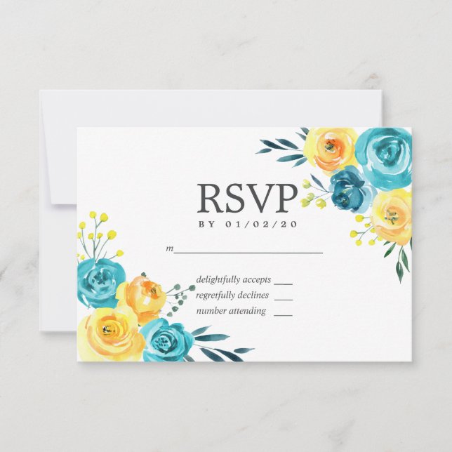 Turquoise and Yellow Floral Wedding RSVP Card (Front)