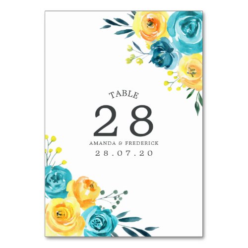 Turquoise and Yellow Floral Wedding Table Number